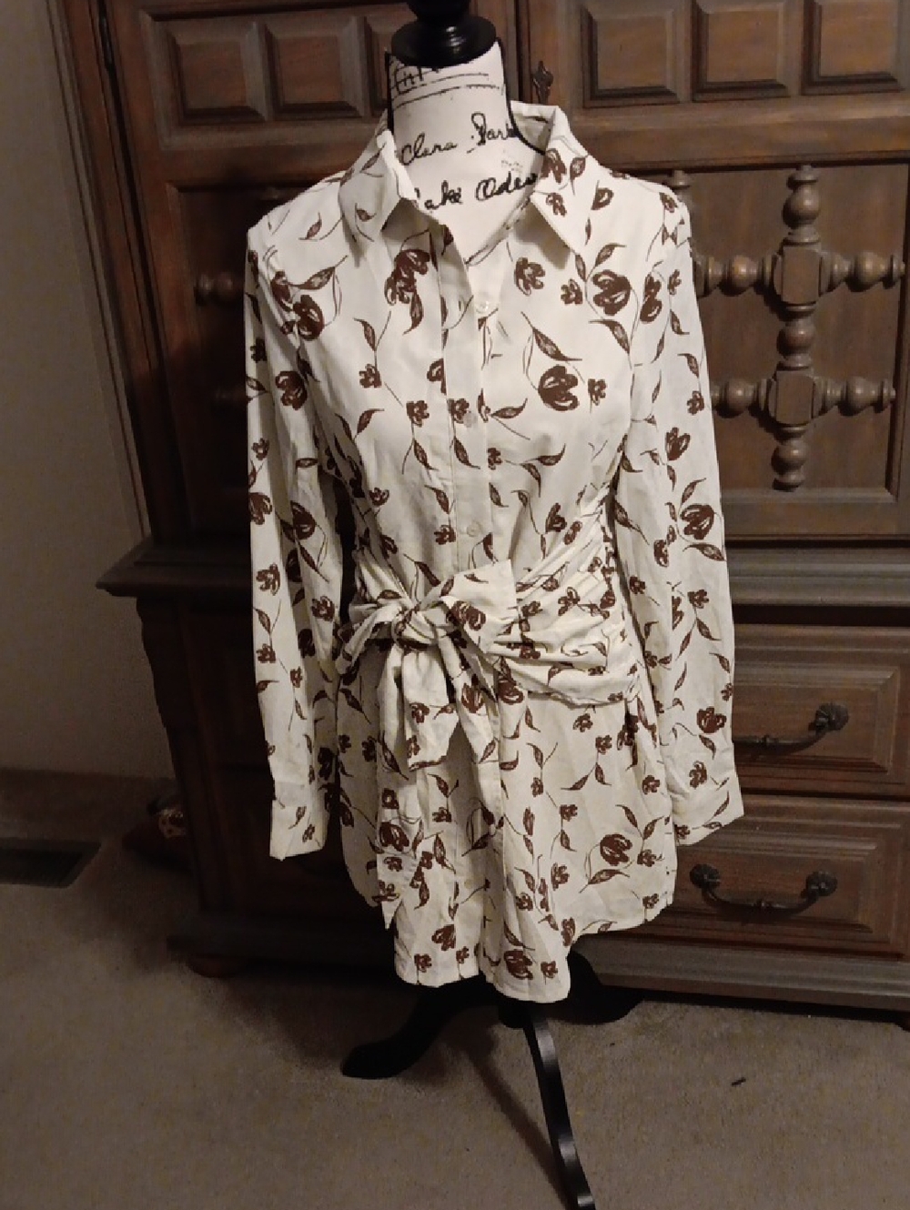 Cream Floral Button-Front Tie-Waist Shirt Dress
